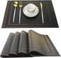 Placemats for Kitchen Woven Vinyl Table Placemat Heat-resistand Table Plastic Mats Set of 4 (Gold+Black)