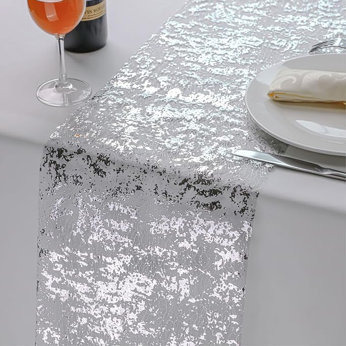 Snowkingdom 2 Pieces Silver Table Runner, Sequin Glitter Foil Metallic Thin - Image 3