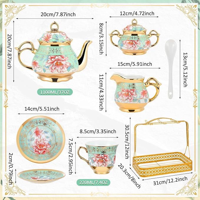 22 Pcs Porcelain Tea Set with Metal Holder, Vintage European Floral Tea Set - Image 2