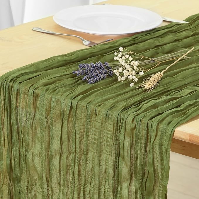 3 Pack Olive Green Cheesecloth Table Runner 120 Inch Boho Wedding Decor | by Fixwal