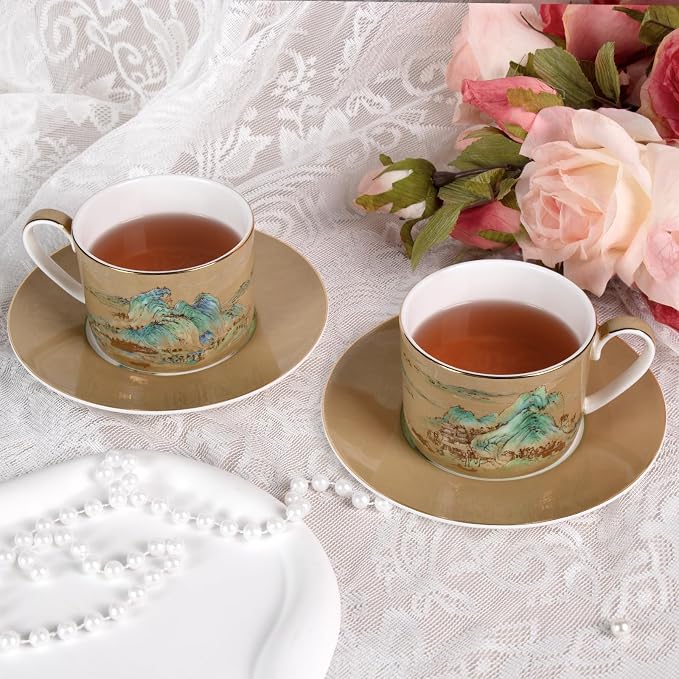 KAMMAK Tea Cups and Saucers Set of 2, Porcelain Coffee Cups, JBE009 | Stackable - Image 5