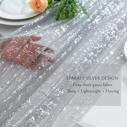 Snowkingdom Silver Gray Table Runner 10FT, Sheer Sparkly Shiny Glitter Sparkle - Image 3