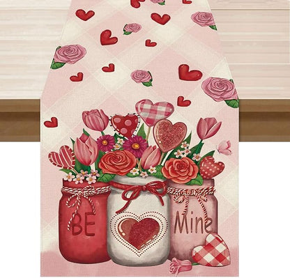XCHI Roses Flowers Love Hearts Vase Valentine’s Day Table Runner Table Decoration for Party Home Kitchen Dining Dinner Holiday Decor 13x60 Inch