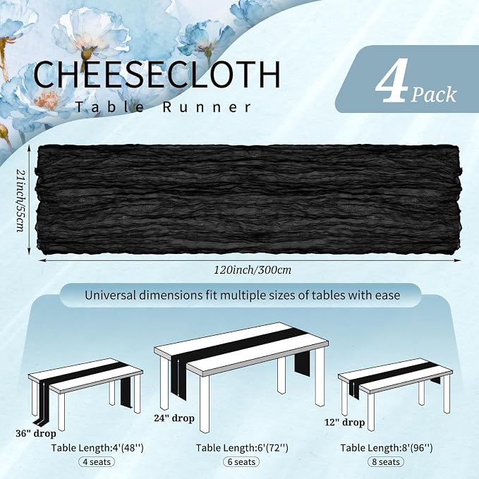 4 Pack Cheesecloth Table Runner 10FT Black Table Runner Boho Gauze Cheese Cloth - Image 2