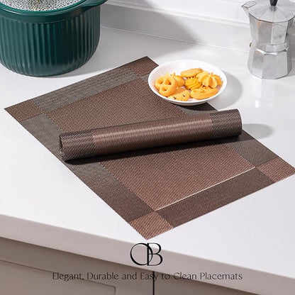 Placemats Set of 6 - Easy Clean Woven Vinyl Placemats for Dining Table, Indoor/Outdoor Place Mats, Washable PVC Table Mats（Brown Cube）