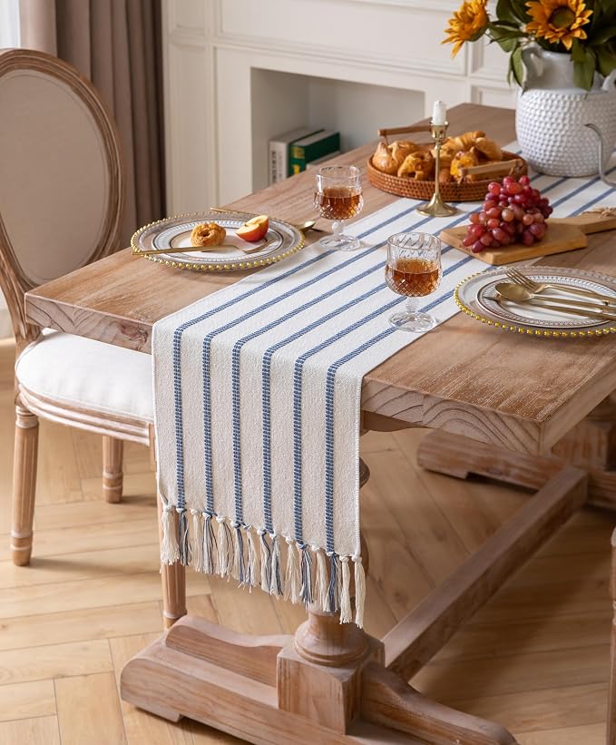 Caflife Boho Table Runner 90 Inchs Long Blue and Beige, Cotton and Linen Woven - Image 6