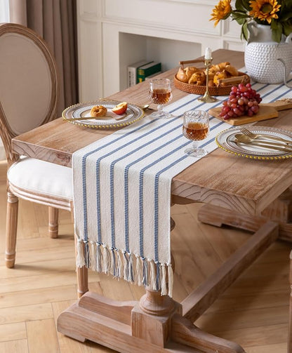 Caflife Boho Table Runner 90 Inchs Long Blue and Beige, Cotton and Linen Woven - Image 6