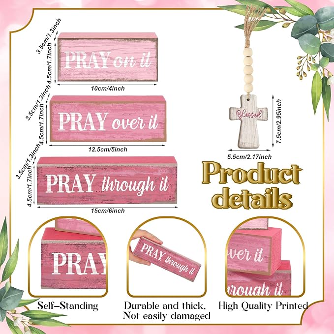 Moucuny 4 Pcs Pink Christian Table Decor Cross Wooden Bible Verse Sign - Image 3