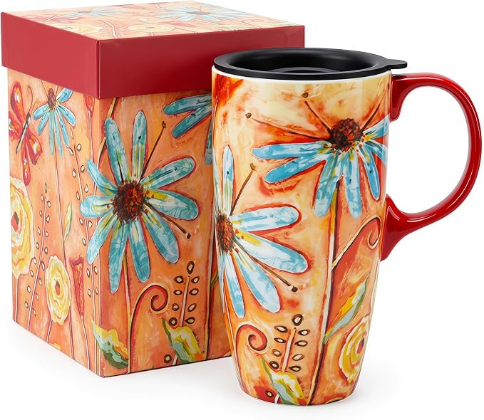 Topadorn 17 oz Ceramic Travel Mug, Colorful Floral Coffee Mug by Topadorn