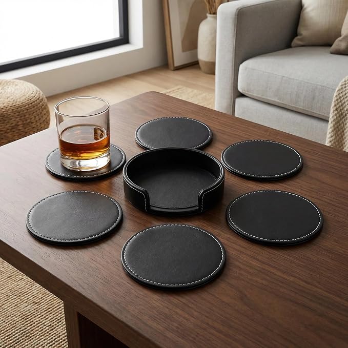 Set of 6 PU Leather Black Bar Drink Coasters - Image 4