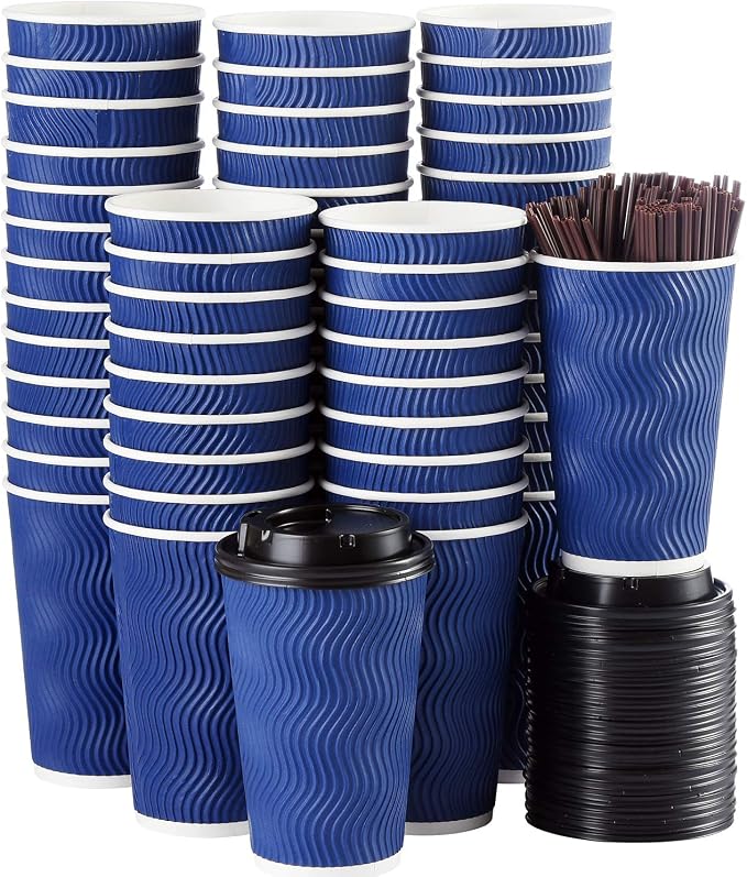 Disposable Coffee Cups with Lids and Straws - 16 oz Togo Hot Paper Coffee Cup by Kindpack