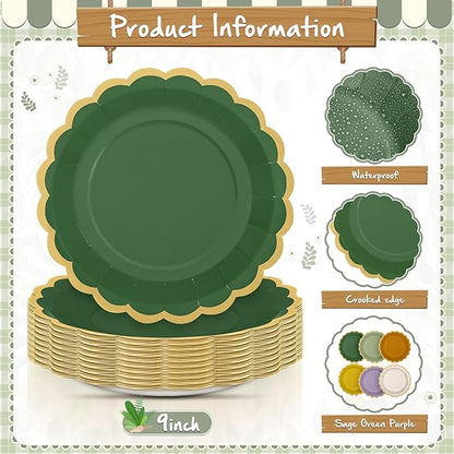 48 Pcs Nature Wedding Paper Plates 9 Inch Sage Green Purple Scalloped Paper Disposable Dinner Dessert Plates for Birthday Wedding Bridal Party Supplies, 6 Colors