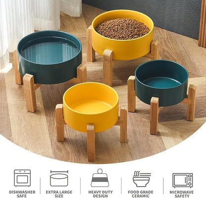 8'' Ceramic Raised Dog Bowl - 70Oz Dog Food & Water Bowl with Elevated Non-Slip Bamboo Stand, Dishwasher & Microwave Safe, Anti Vomiting Heavy Duty Pet Bowl for Medium and Large Dogs, Green