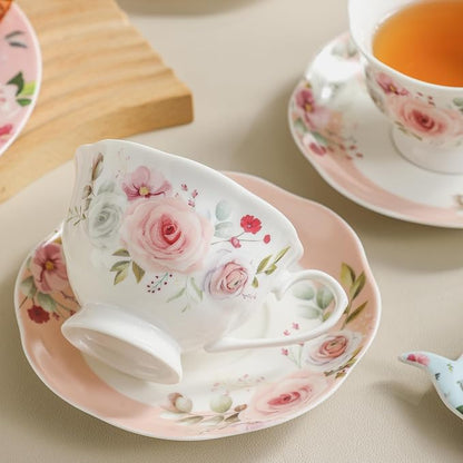 6oz Floral Porcelain Tea Cup & Saucer Set of 6, Party | Rose pattern - Image 7
