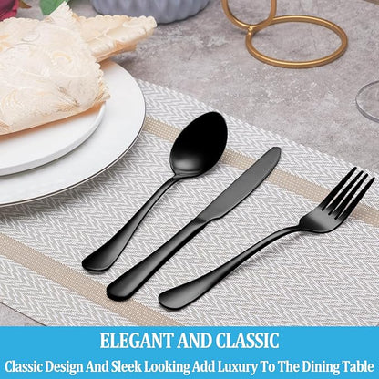 50 Pcs Black Silverware Set, Stainless Steel Flatware Set Service for 10, Mirror Polished Cutlery Utensil Sets, Durable Home Kitchen Eating Tableware Sets, Include Fork Knife Spoon, Dishwasher Safe