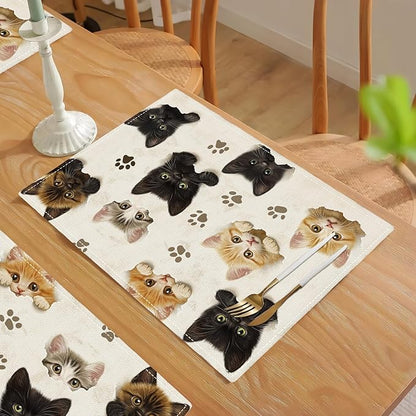 Cat Placemats Set of 6, Cute Black Cats Table Mats, Animal Washable Place Mats for Coffee Bar Home Party Indoor Kitchen Dining Table Decoration 12x18 Inch