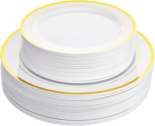 Aya's 60 Pack Heavy Duty Plastic Plates with Gold Rim - 30 Each of 10" Dinner and 7.5" Appetizer White Disposable Plates - Elegant Fancy Plastic Plates for Party, Weddings, and Special Events