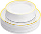 Aya's 60 Pack Heavy Duty Plastic Plates with Gold Rim - 30 Each of 10" Dinner and 7.5" Appetizer White Disposable Plates - Elegant Fancy Plastic Plates for Party, Weddings, and Special Events