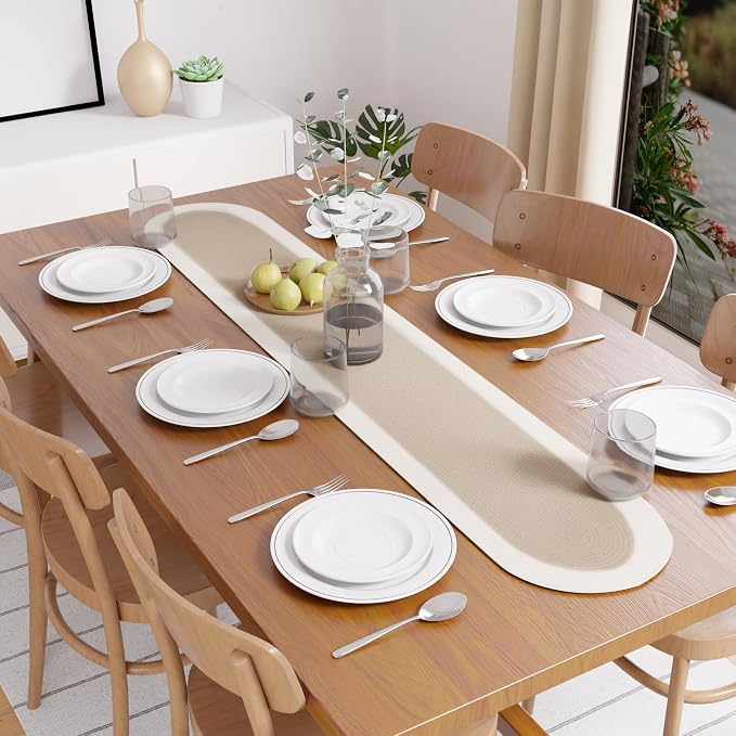 Encasa XO Dining Table Runner, Handmade Ribbed Cotton 12"x54" Beige & Off White - Image 3