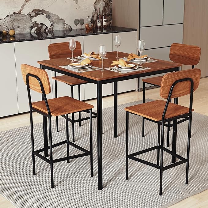 COSTWAY Dining Table Set for 4, 5-Piece Square Kitchen Nook Dinette Set with 4 Bar Stools with Footrest, Backrest, Space-Saving Design, Industrial Kitchen Table and Chairs for Apartment, Walnut