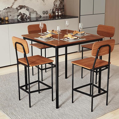 COSTWAY Dining Table Set for 4, 5-Piece Square Kitchen Nook Dinette Set with 4 Bar Stools with Footrest, Backrest, Space-Saving Design, Industrial Kitchen Table and Chairs for Apartment, Walnut