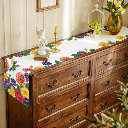Summer Hummingbird Table Runner Spring Daisy Floral Burlap Table Runners - Image 5