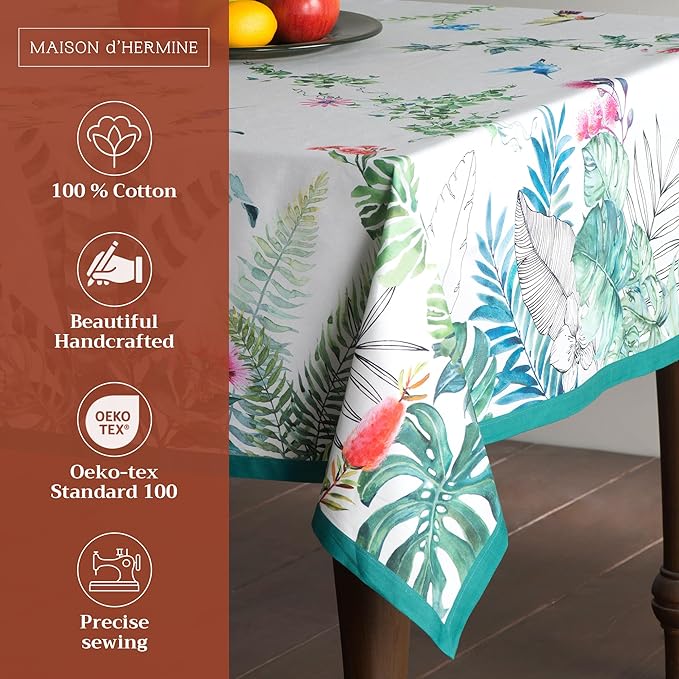 Maison d' Hermine Table Cloth Square Table 100% Cotton 60 x 60 Inches Tablecloth Reusable Decorative for Dining Room Farmhouse Home Valentines Day Decorations Spring Summer - Tropiques