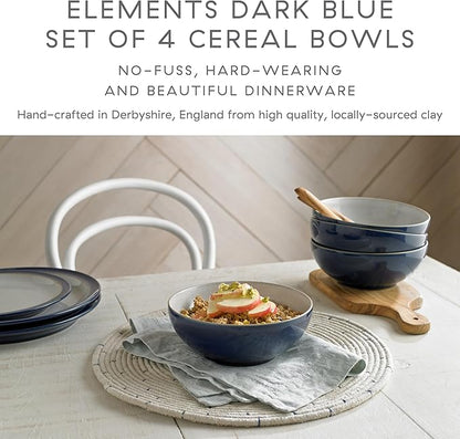Denby - Elements Dark Blue Cereal Bowls Set of 4-28oz Everyday Soup, Dessert Bowls - Contemporary Design - Dishwasher & Microwave Safe Ceramic Stoneware Tableware - Scratch Resistant