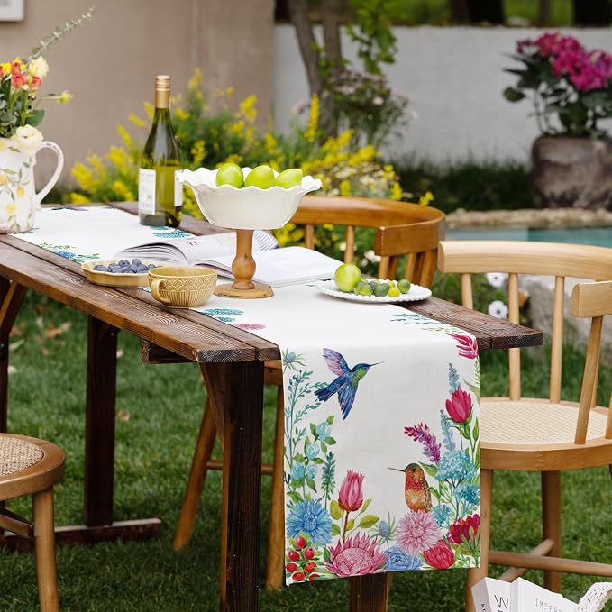 Summer Hummingbirds Floral Table Runner Green Leaves Burlap Table Runners - Image 7