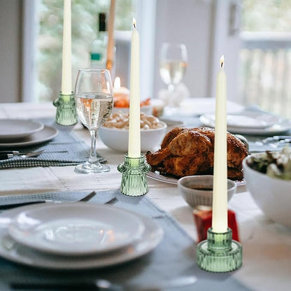 Taper Votive Candle Holder for Pillar Candles Tealight, Candlestick Holder for Wedding Christmas Tea Party, Boho Ribbed Vintage Crystal Glass Table Centerpiece Decor, Bulk Set of 6 (Green)