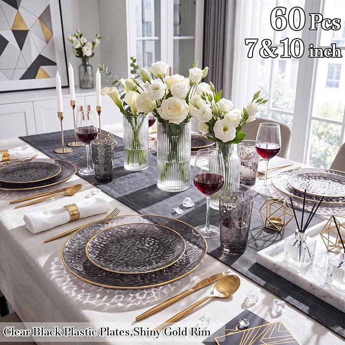 Rubtlamp 60Pcs Black Plastic Plates, Hammered Plastic plates Include 30 Dessert - Image 4