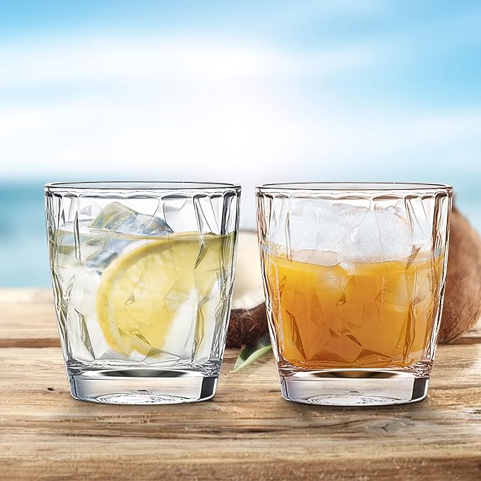 Topsky 10-ounce Plastic Water Tumblers | Set of 4 Transparent Unbreakable Drinking Glasses Clear Acrylic Reusable Juice Wine Cups for Home Picnic Party, Dishwasher Safe, Stackable (Transparent)