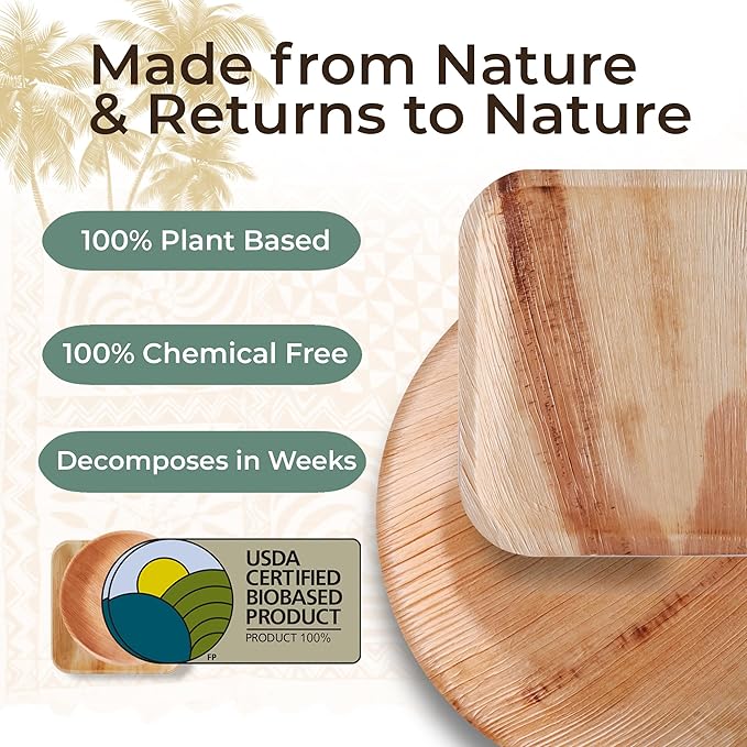 Indie Palm Disposable Palm Leaf Plates – 100 Pack 10 Inch Round – Heavy Duty, 100% Compostable & Biodegradable – Eco-Friendly Alternative to Plastic & Bamboo – Perfect for Parties & Events