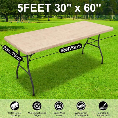 Smiry Rectangle Table Cloth Cover, Waterproof Elastic Fitted Picnic Tablecloth for 5 Foot Tables, Wipeable Flannel Backed Vinyl Tablecloths for Camping, Dining, Outdoor (Beige Wood, 30" x 60")