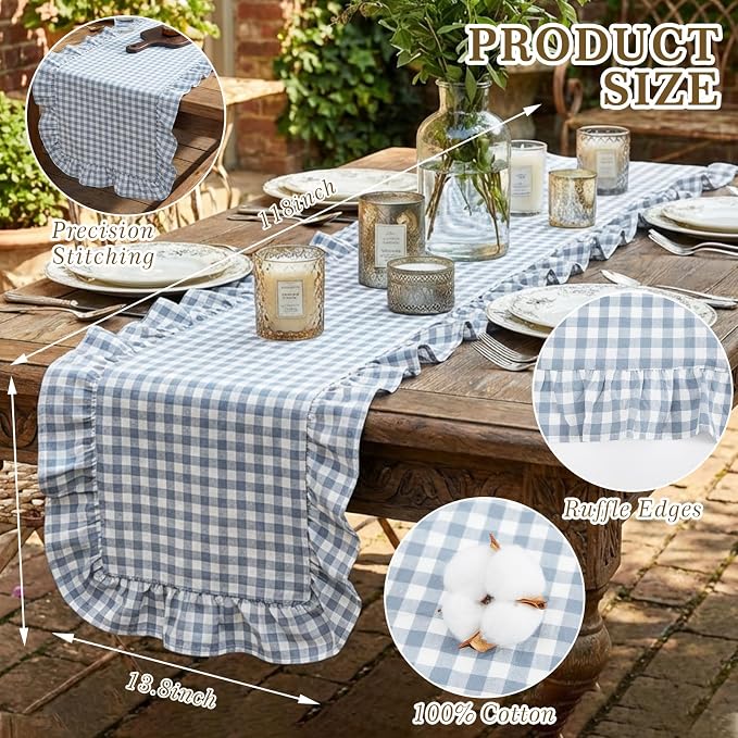 HunnmingRe 1 Pc Gingham Table Runner Blue, 118 X 13.8 Inch | Cotton Dresser - Image 2