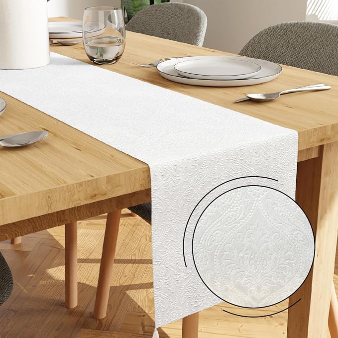 Encasa XO Table Runner, Embossed Velvet, Elegant 13"x94" | White, 175 GSM by EncasaXO