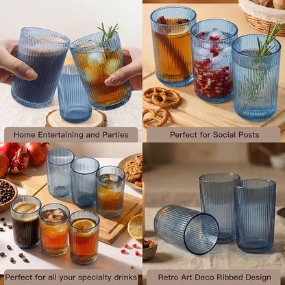 Blue Ribbed Highball Glasses Set of 6, 13.2oz Midnight Blue Colored Glassware - Image 4