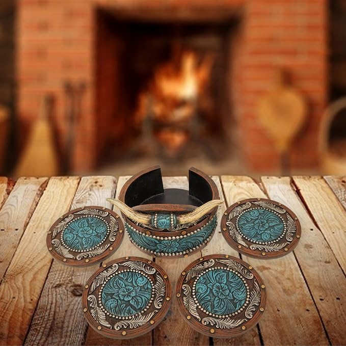 BestGiftEver Rustic Southwestern Coasters Set | Faux Horn & Tooled - Image 7