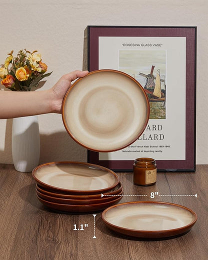 Stoneware Plates Set of 6, 8 Inch Handmade Reactive Glaze Ceramic Set for Dessert, Salad, Appetizer, Small Dinner Plates, Microwave & Dishwasher Safe, Highly Chip and Crack Resistant