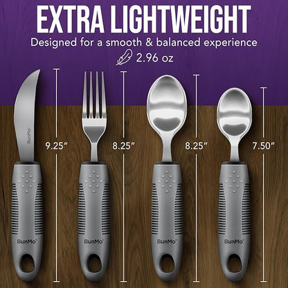 BUNMO Adaptive Utensils for Elderly, Tremors & Weak Hand Grips – 4pc Lightweight Assistive Silverware Set with Foam Easy Grip Handles – Discreet Canvas Travel Wrap – Dishwasher Safe
