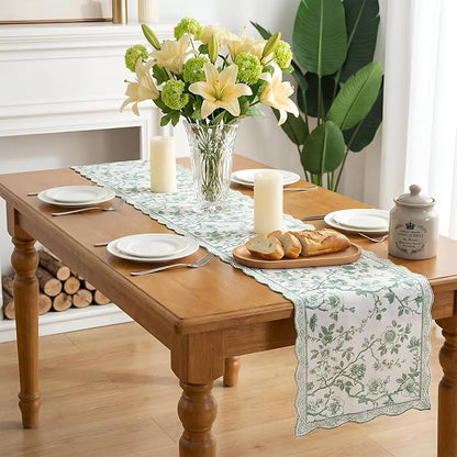 HunnmingRe 71x12 Inch Sage Green Floral Table Runner Vintage Table Runner - Image 7