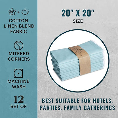 Fingercraft Dinner Cloth Napkin Cotton Linen Set of 12 Mitered Corners with Natural Elegant Lace for Everyday Use Napkins are Pre Shrunk and Good Absorbency with Lace 20x20 in Aqua