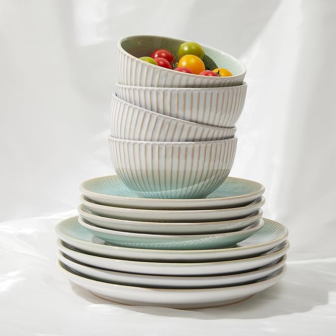 Stoneware Dinnerware Sets, Round Reactive Glaze Ceramic Plates and Bowls Set, Dishwasher & Microwave Safe Dishes Set, Distinctive Granulated Surface Service for 4 (12pc)