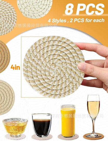 Coasters Set of 8, Cotton Woven, 4.3 inches, Minimalist Home Decor, Wooden - Image 2