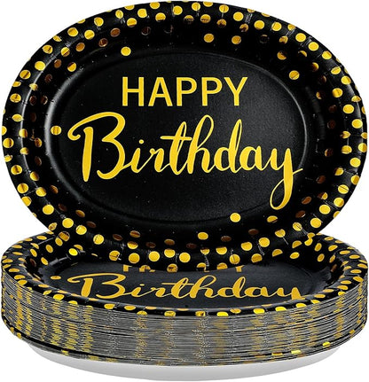 50Pcs Black and Gold Birthday Oval Paper Plates 10" x 12" Large Heavy Duty Disposable Black Gold Happy Birthday Decorations Golden Dessert Party Plate for Women Men Winter Xmas Holiday Party Supplies