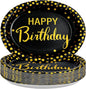 50Pcs Black and Gold Birthday Oval Paper Plates 10" x 12" Large Heavy Duty Disposable Black Gold Happy Birthday Decorations Golden Dessert Party Plate for Women Men Winter Xmas Holiday Party Supplies