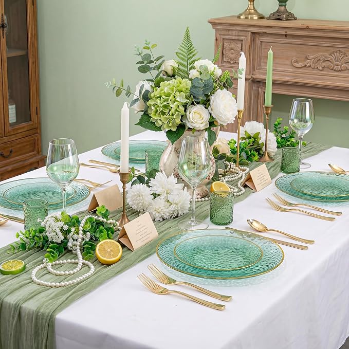 Rubtlamp 175 Pcs Green Plastic Plates Dinnerware Set, Hammered Plates Sets - Image 4