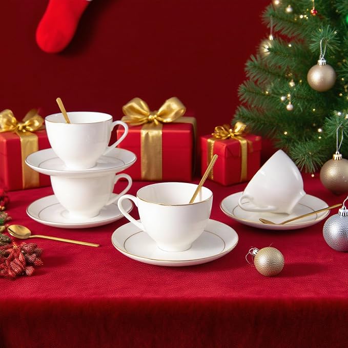 Bone China Tea Cups and Saucers Set – White Luxury Fine Porcelain Mugs - Image 9