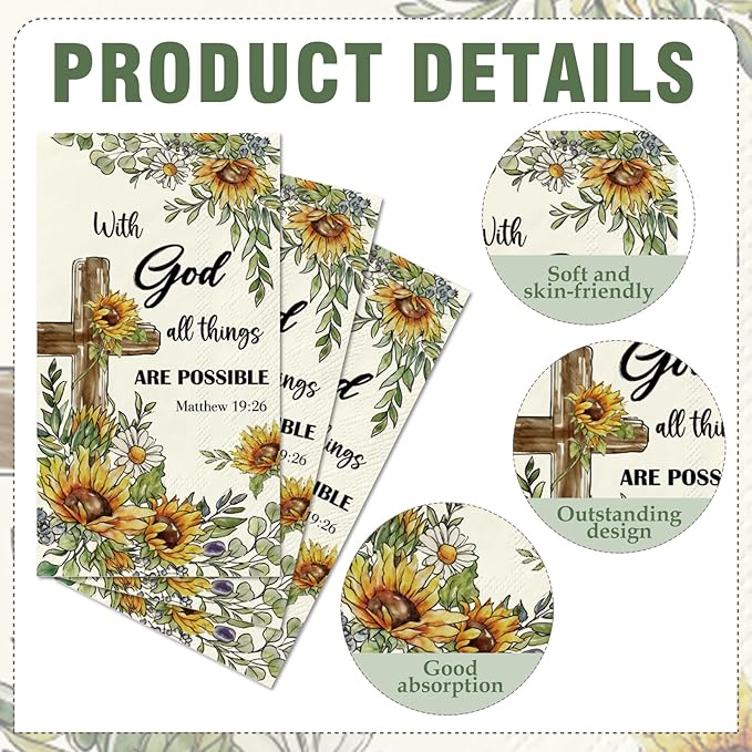 Sunflower Christian Paper Napkins - 100 Pcs Happy Easter Religious Dinner Decorative Disposable Party Decorations Sets for Decoupage Cross Guest Cocktail Table Supplies Decor Bulk 7.9 x 4.3 In