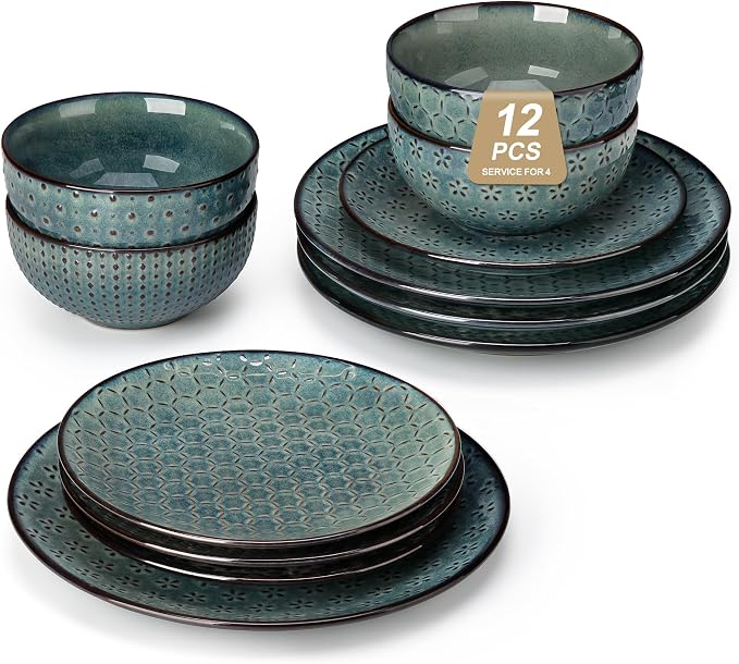 MALACASA 12 Pieces Dinnerware Sets, Farmhouse Plates and Bowls Sets, Embossed by MALACASA